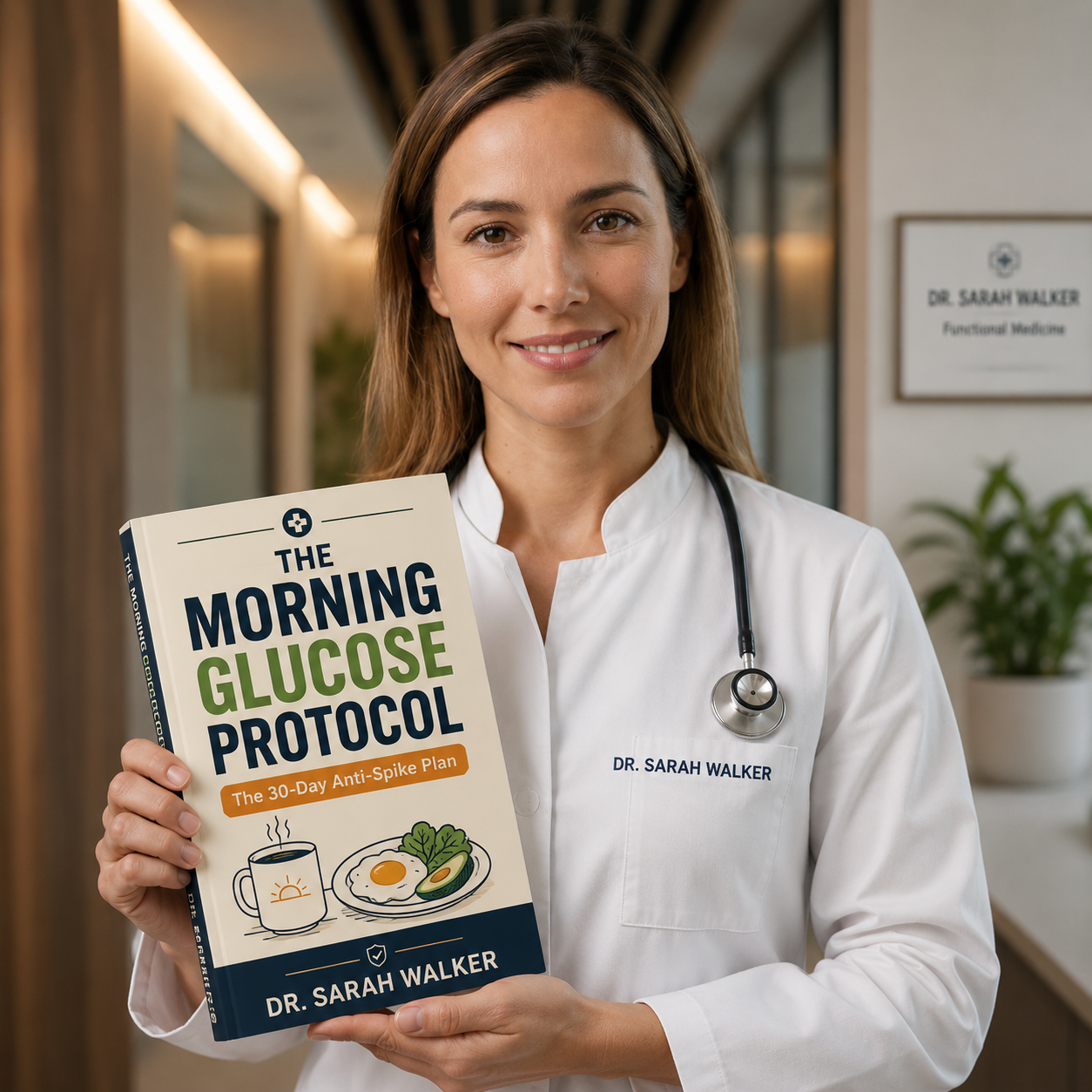 Dr. Sarah Walker holding The Morning Glucose Protocol